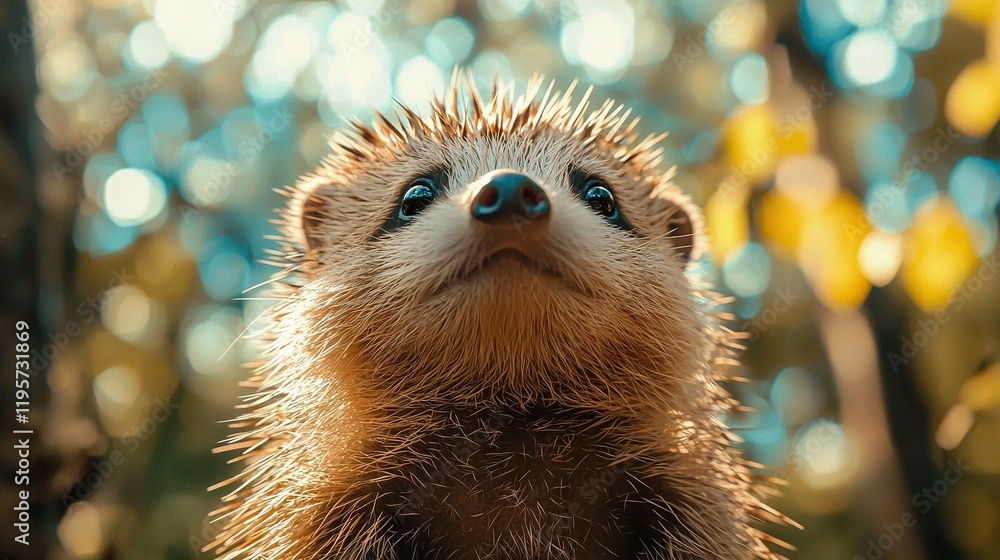 Poster a close-up of a hedgehog looking up at the sky with trees in the background