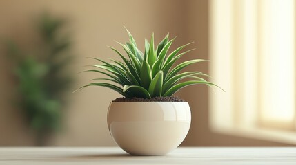 Modern minimalist decor with small green plant in white pot on wooden table
