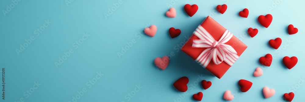 Poster red gift box with white and red ribbon surrounded by small red and pink hearts creating a romantic v