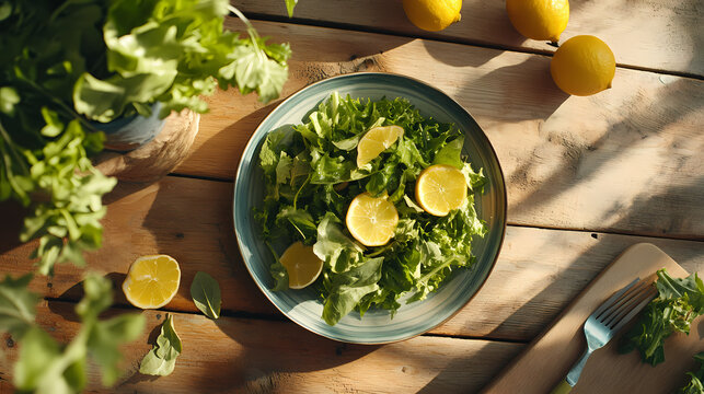 Une salade verte dans un saladier sur une planche en bois et un citron vert - generative ia. Seaglade. Illustration