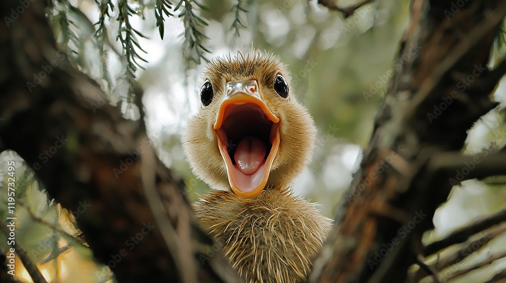 Poster a close-up of a bird in a tree with its mouth open, showing its wide-mouthed expression