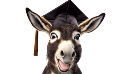 Happy donkey with graduation cap, isolated on transparent background