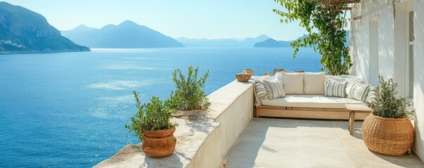 Fototapeta premium Tranquil seaside terrace with ocean view and cozy seating
