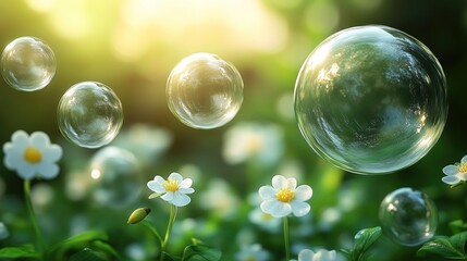 Sparkling soap bubbles float over blooming white flowers in a sunlit green field.