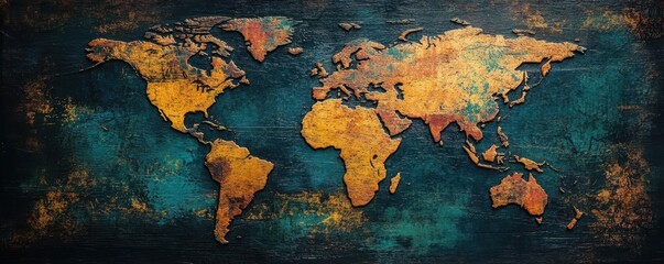 Vintage world map on textured canvas in rustic earth tones