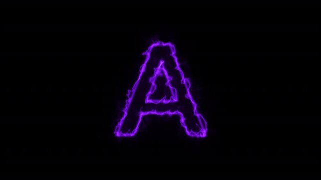 Bright neon glowing light parple letter A, Seamless looping animation on black background,  Glowing loop neon alphabet letter A.