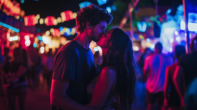 Loving Couple Kissing in Lips in Outdoor Music Festival, Enjoying Their Relationship and Moment, 