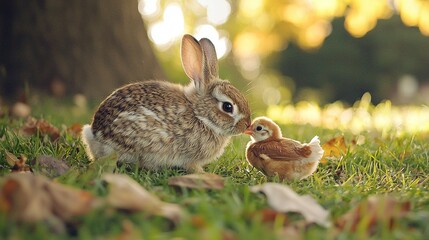 Fototapeta premium A rabbit and a duck sit together in the grass beneath a tree