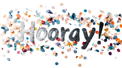 Png of Festive celebration with colorful confetti and 'Hooray!' text on transparent background.