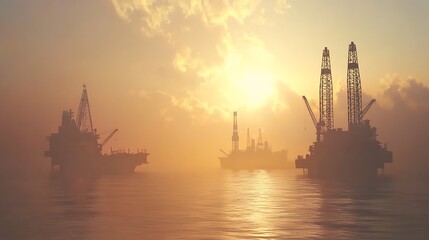Offshore oil platform with derricks and cranes, sea waves below, hazy evening light, nearby supply boats