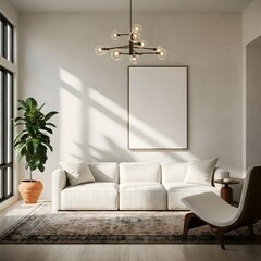minimalist living room bathed in natural light from a large window. Frame mockup, Living room wall poster mockup. Interior mockup with house background. Modern interior design. 