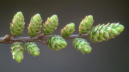 Close-up of larch tree branch with fresh green cones