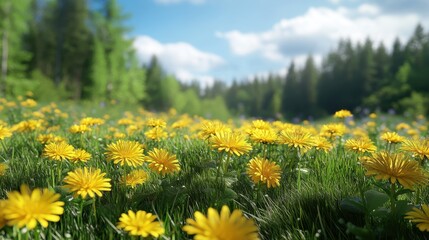 Fototapeta premium Sunlit field of yellow dandelions in a lush green meadow