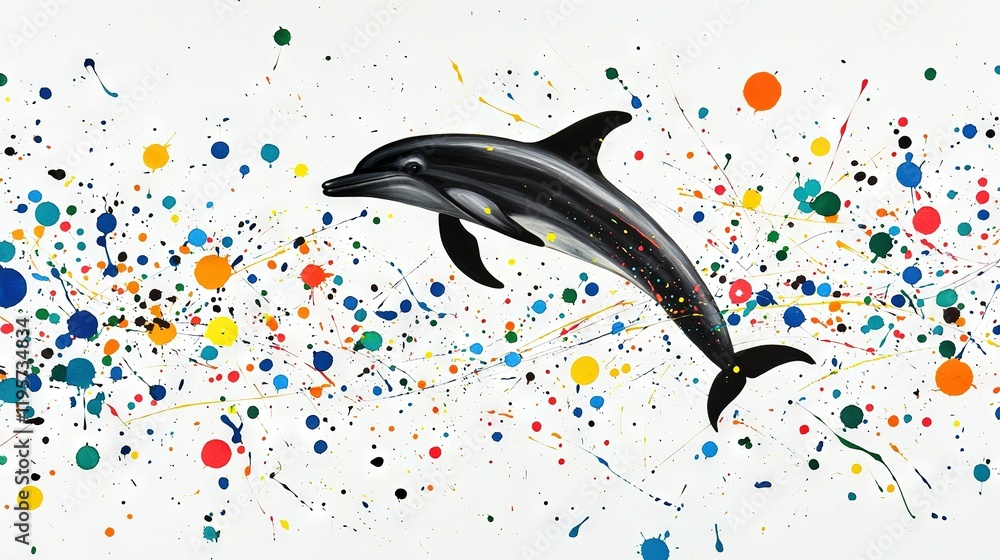 Poster a painting of a dolphin leaping from the water with multicolored confetti and streamers in its backg