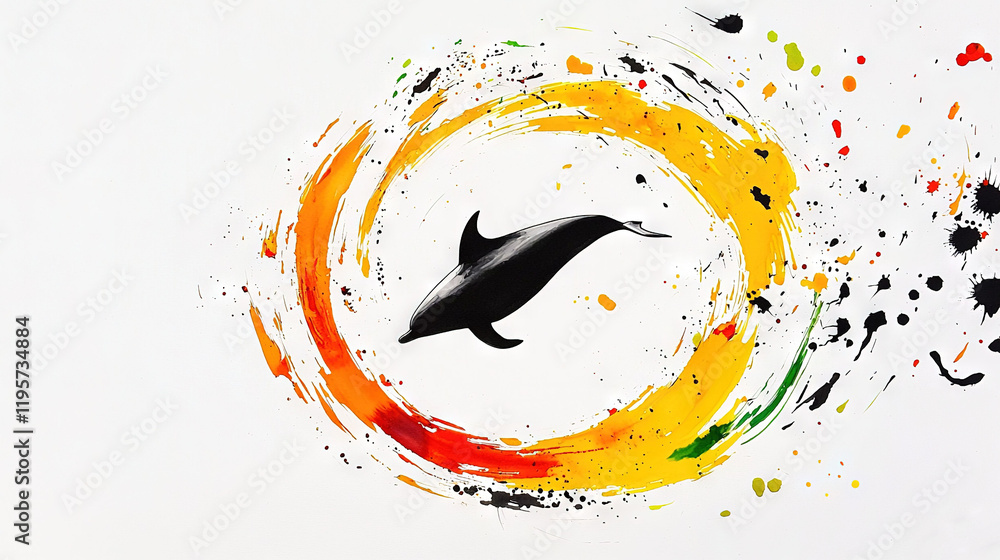Poster painted dolphin in circular splatter with bottom splash
