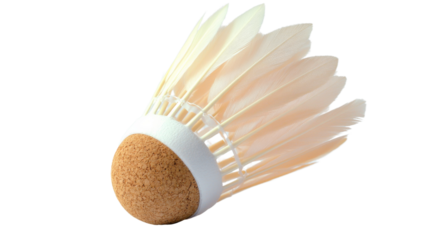 High-quality badminton shuttlecock with a feathered skirt and cork base, isolated on transparent background