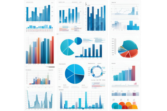 Detailed Data Charts and Statistical Analysis on Paper Sheets Isolated Against a Clean White Background