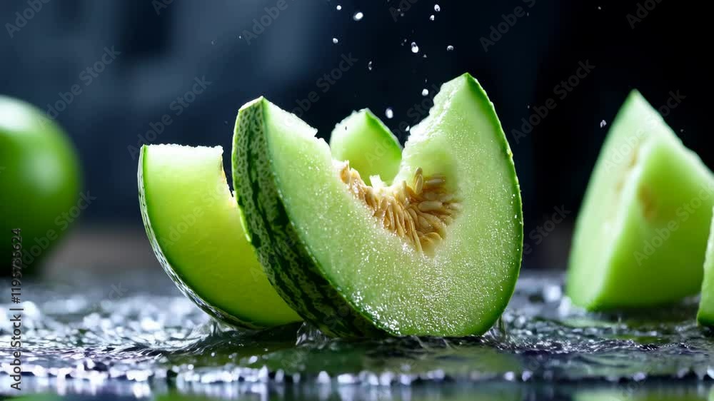 Poster fresh green melon slices are dramatically splashed into a clear pool of water, creating a stunning v