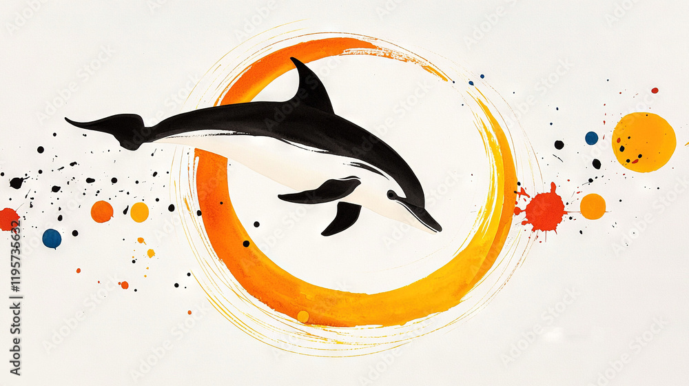 Poster an orca jumps from a circle with splattered paint and surrounded circles in the background