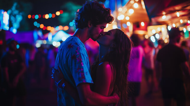 Loving Couple Kissing in Lips in Outdoor Music Festival, Enjoying Their Relationship and Moment, 