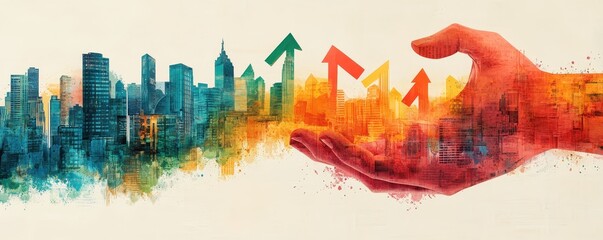 Fototapeta premium Vibrant cityscape with arrows depicting economic growth in dynamic colors