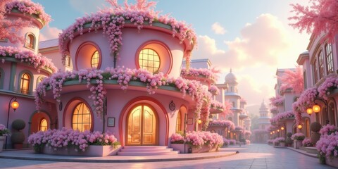 Charming street adorned with blooming flowers, showcasing whimsical architecture and a serene atmosphere—ideal for lifestyle, travel, and real estate projects.