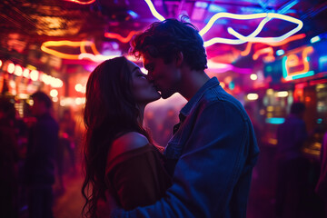 Young Couple Kissing in a Night Club, Vibrant Lights and Casual Date, Enjoying and Loving the Intimacy