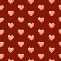 Watercolor red hearts lined up. Seamless pattern hand drawn on burgundy background. Suitable for different holidays, weddings, Valentine's Day, birthdays, anniversaries, for textiles, packaging, cards