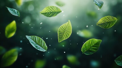 Lush green leaves falling gracefully in sunlit forest atmosphere