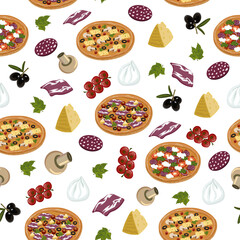 Pattern with pizzas and groceries.Vector pattern with food and pizza on a transparent background.