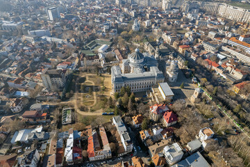 Aerial drone view over Bucharest downtown cityscape, Romania.