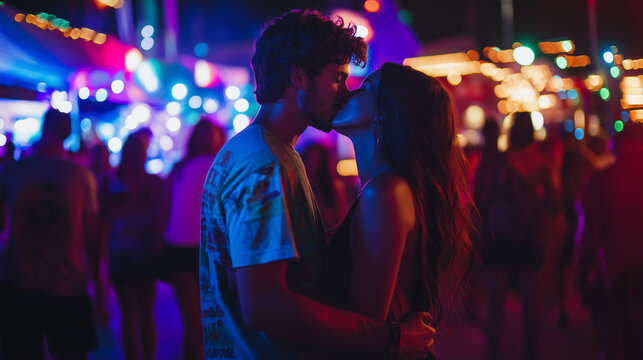 Loving Couple Kissing in Lips in Outdoor Music Festival, Enjoying Their Relationship and Moment, 