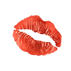Bright imprint of red lipstick of woman. Watercolor illustration hand drawn on isolated background. Suitable for design Birthday, wedding, Valentine's Day, invitations, cards, packaging, banners