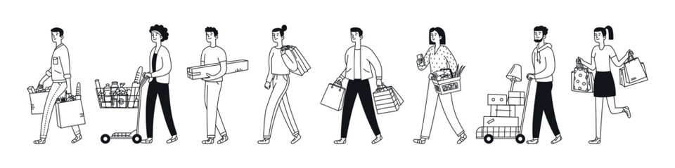 Set of people with shopping carts. Shoppers, consumers with grocery carts and supermarket baskets walking. Customers with purchases, fresh products. Doodle illustration