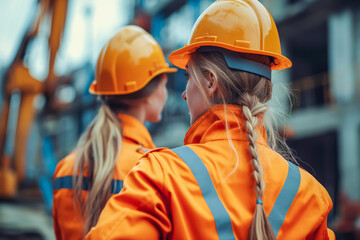 Women construction workers in orange safety helmets on building site