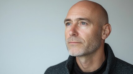 Fototapeta premium Thoughtful man in a gray sweater gazing into the distance against a neutral background, reflecting
