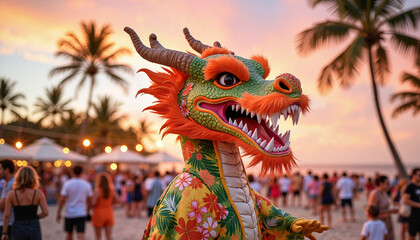 Dragon head costume celebrates tropical party at sunset, festive joy