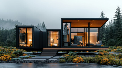 Fototapeta premium Modern home with sleek lines and large windows nestled in misty forest, blending seamlessly with vibrant natural surroundings.