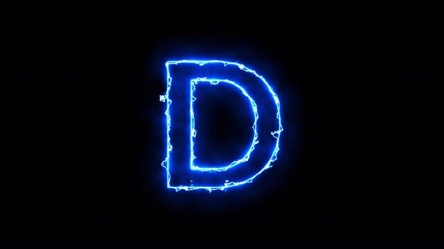 etter d outlined in bright orange flames against black background, Glowing neon letter D, blue color looping trendy glowing neon alphabet letter D.