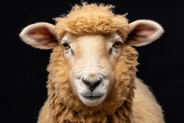 Obraz premium Close-up portrait of a fluffy sheep with curly wool and alert eyes