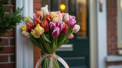Vibrant tulip bouquet on porch for spring celebration design
