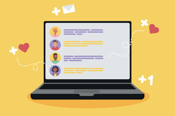 Laptop with chat page with avatars of people, business alerts, employee group chat, likes, social media promotion