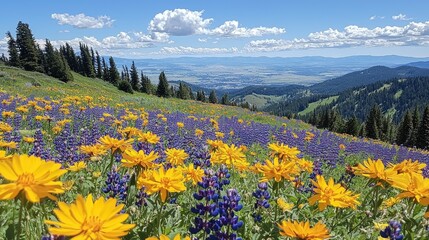 Fototapeta premium Mountain Wildflower Meadow Landscape With Distant Valley