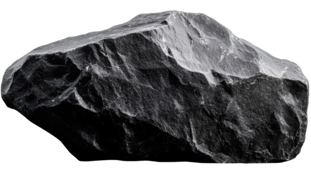 Isolated rough black stone with raw texture, isolated on transparent background