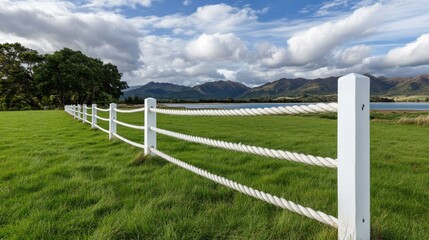 Fototapeta premium Wooden fence posts lined with white rope create a serene barrier in a grassy field next to the beach at National Park, New Caledonia