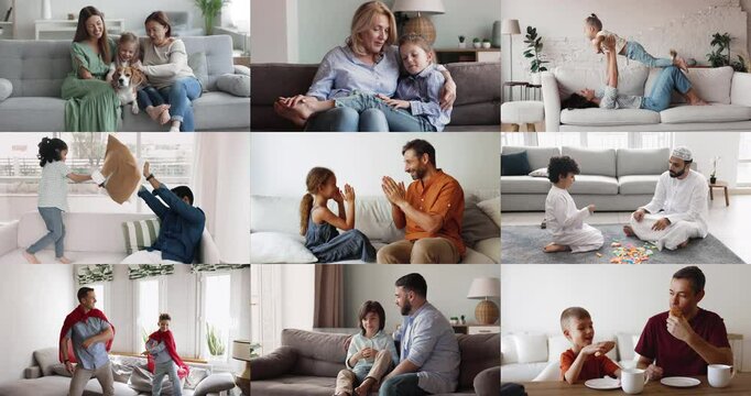 Diverse parents and grandparents spend priceless carefree playtime with younger generation children, enjoy communication, active games, having fun at home, collage. Family pastime, togetherness, love