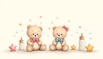 Gender Reveal Background-  teddy bears holding either pink bows or blue bowties. Surround them with rattles, baby bottles, and stars in matching colors on a soft white or beige background.