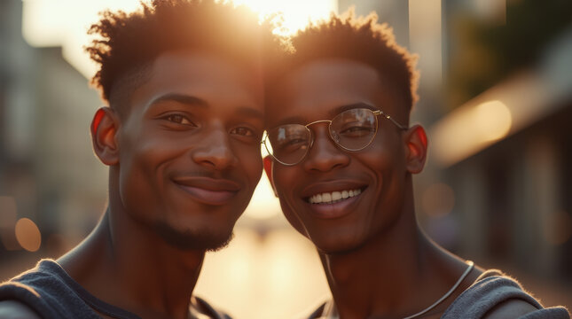 Young afro hispanics gay couple outdoors with luminous reflections