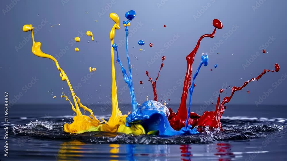 Poster bright colored paint splashes create mesmerizing patterns upon impact with water, showcasing a dynam