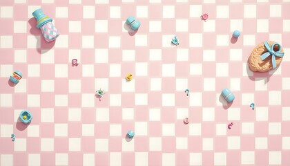 Gender Reveal Background- A cheerful gingham pattern in alternating pink and blue squares. Small icons like pacifiers, baby shoes, or question marks scattered lightly across the design